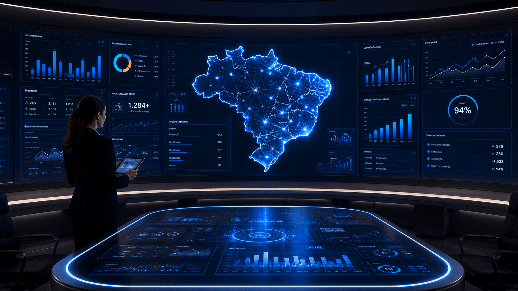 Command center REGE AI com mapa do Brasil e dashboards executivos