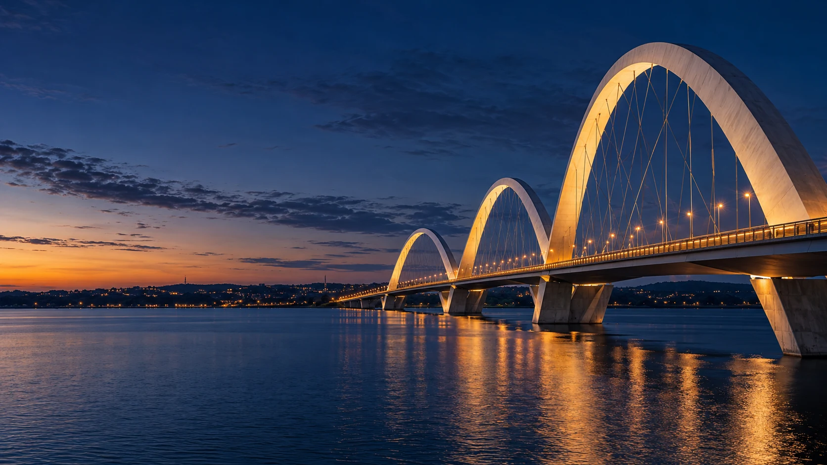 Arcos de uma ponte iluminada sobre a água ao entardecer