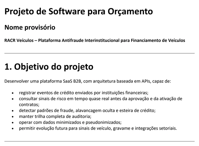 RACR Veículos, objetivo e escopo do projeto